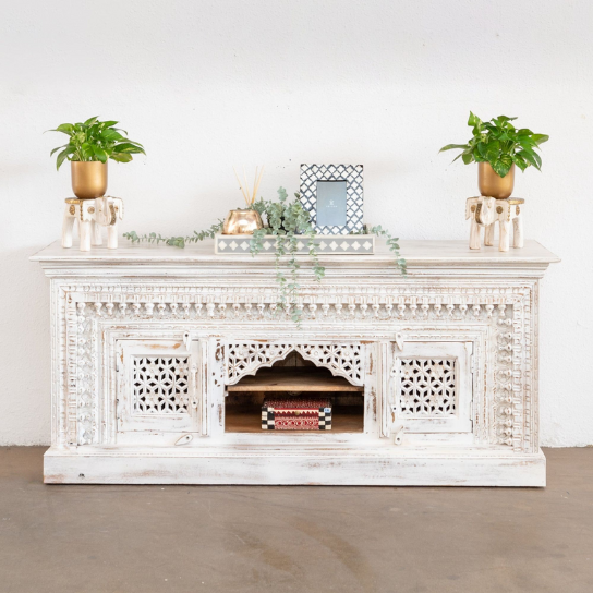 Carved Oasis Hand Carved Solid Mango Wood Mehrab Style TV Unit in Distressed White