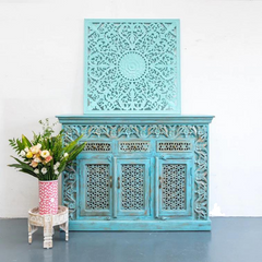 Heritage Heirlooms Solid Mango Wood Decorative Hand Carved Square Wall Panel Blue