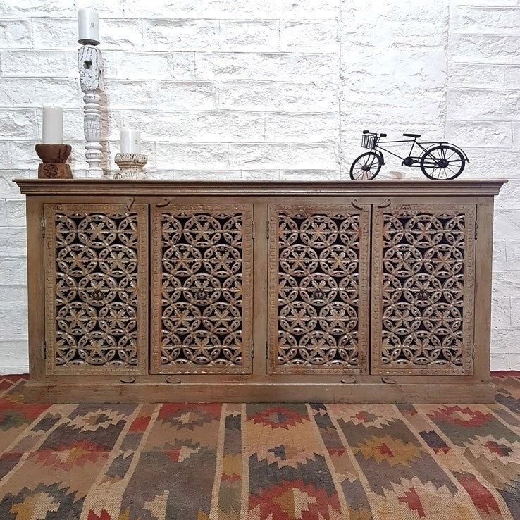 Jali Hand Carved Indian Solid Wood Buffet Cabinet Sideboard