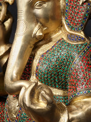 Indian Lord Ganesha Handmade Brass Statue With Stone Work