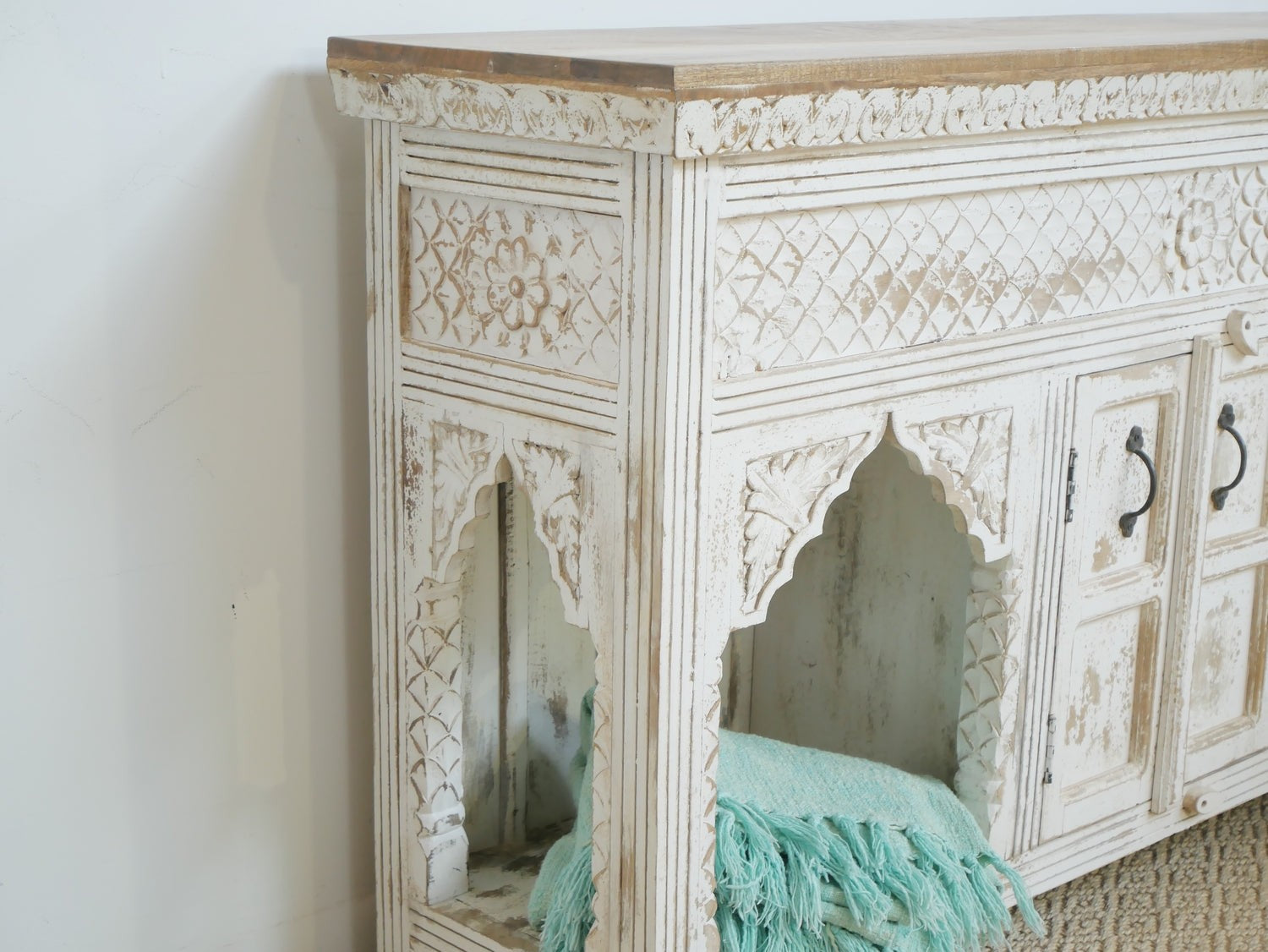 Kalah Hand Carved Solid Wooden Sideboard Buffet White 150x90x40cm KLA0161  -  