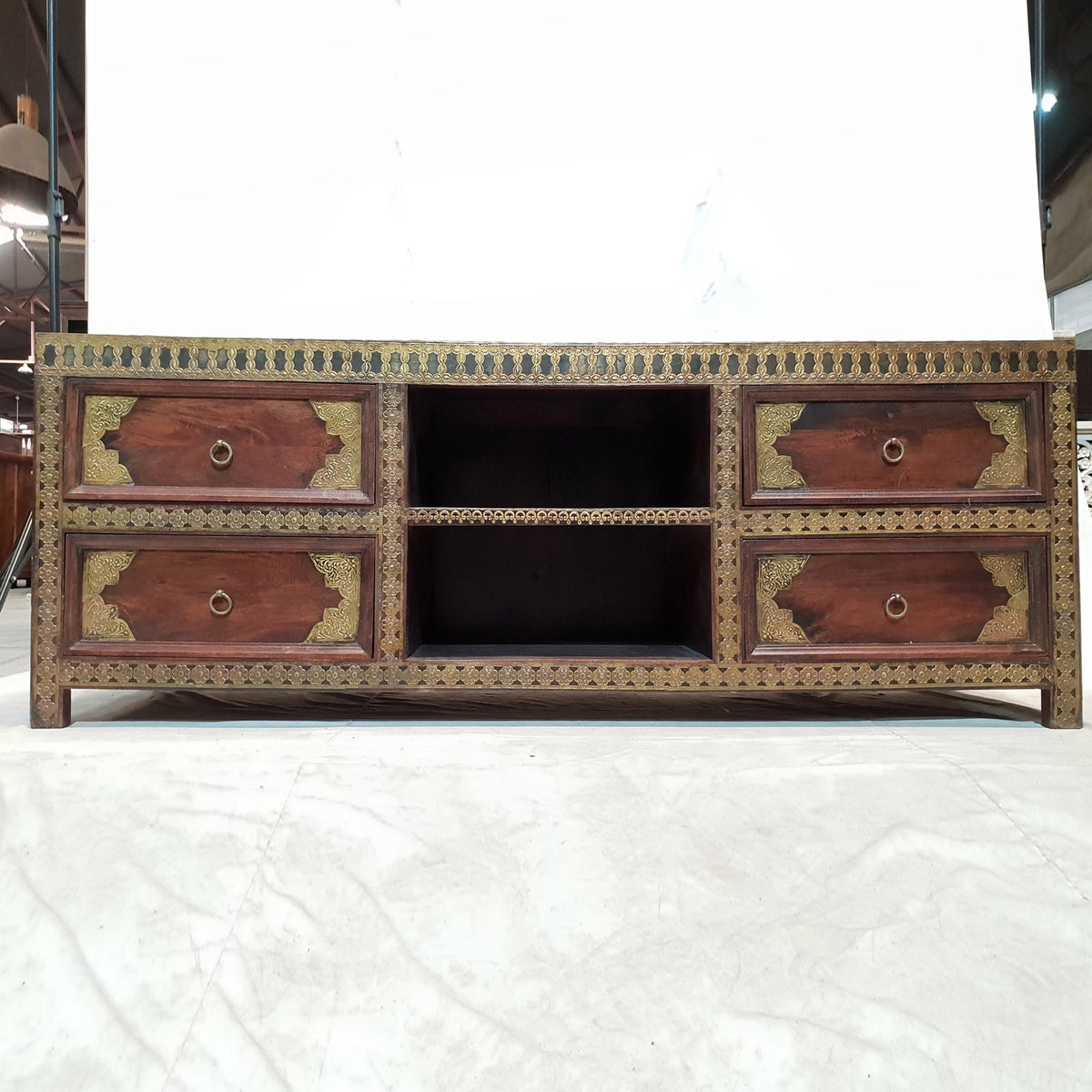 Brass work Indian Antique look Solid Wood TV Unit Media console 165x45x62cm