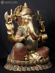 Indian Lord Ganesha Handmade Brass Statue With Stone Work