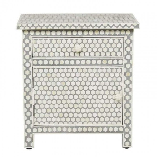 Maaya Bone Inlay Bedside Cabinet Table Grey Honeycomb