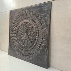 Handcrafted Indian Furniture Carved Solid Hard Wood Wall Panel in Grey wash 100x2x100cm