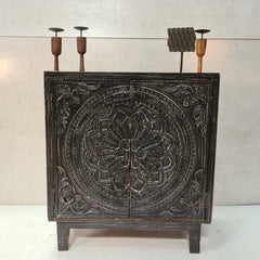 Handcrafted Indian Furniture Carved Solid Hard Wood 2 Doors Cabinet Black 86x46x92Cm
