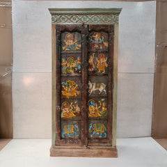 Reclaimed Handcrafted Indian Furniture Carved Solid Hard Wood Cabinet Almirah 90x40x180Cm