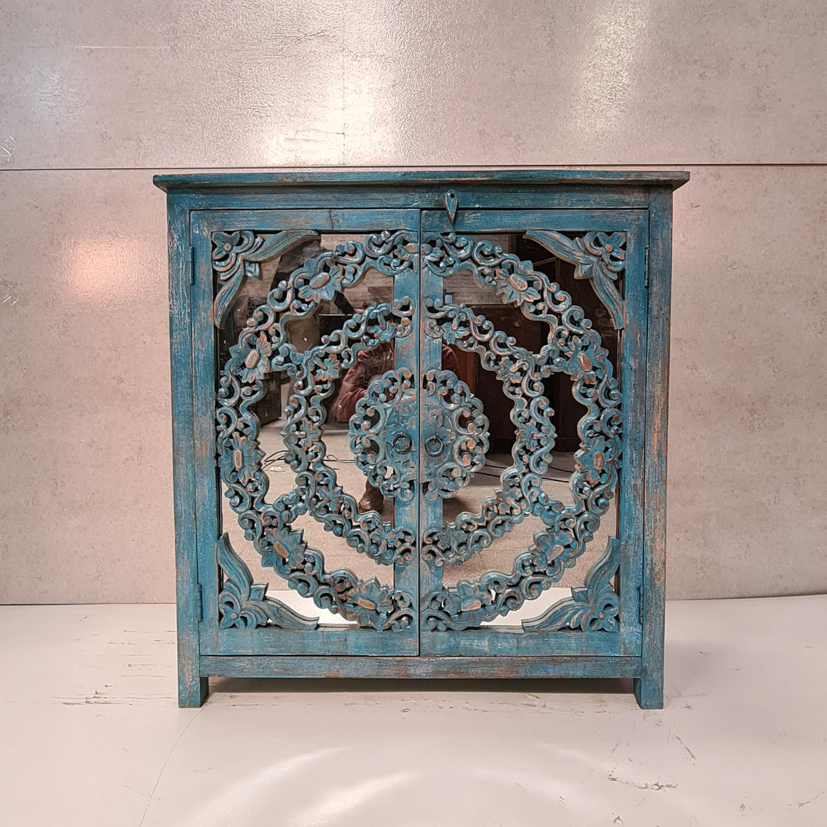 Handcrafted Indian Furniture Carved Solid Hard Wood 2 Mirror Doors Cabinet Blue 94x40x97Cm