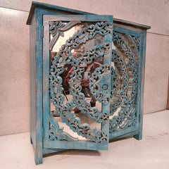 Handcrafted Indian Furniture Carved Solid Hard Wood 2 Mirror Doors Cabinet Blue 94x40x97Cm