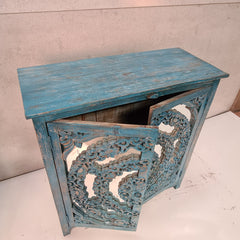 Handcrafted Indian Furniture Carved Solid Hard Wood 2 Mirror Doors Cabinet Blue 94x40x97Cm