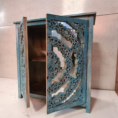 Handcrafted Indian Furniture Carved Solid Hard Wood 2 Mirror Doors Cabinet Blue 94x40x97Cm