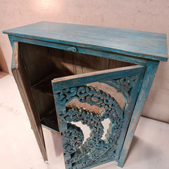 Handcrafted Indian Furniture Carved Solid Hard Wood 2 Mirror Doors Cabinet Blue 94x40x97Cm