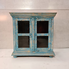 Handcrafted Indian Furniture Carved Solid Hard Wood 2 Doors Cabinet Blue 96x45x97Cm