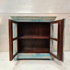 Handcrafted Indian Furniture Carved Solid Hard Wood 2 Doors Cabinet Blue 96x45x97Cm