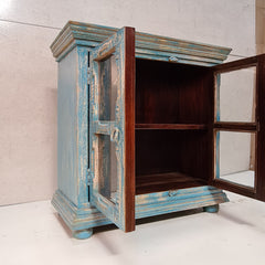 Handcrafted Indian Furniture Carved Solid Hard Wood 2 Doors Cabinet Blue 96x45x97Cm