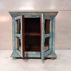 Handcrafted Indian Furniture Carved Solid Hard Wood 2 Doors Cabinet Blue 96x45x97Cm