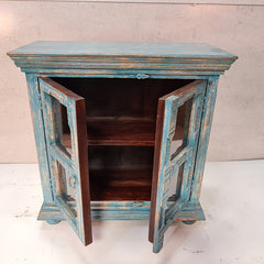 Handcrafted Indian Furniture Carved Solid Hard Wood 2 Doors Cabinet Blue 96x45x97Cm