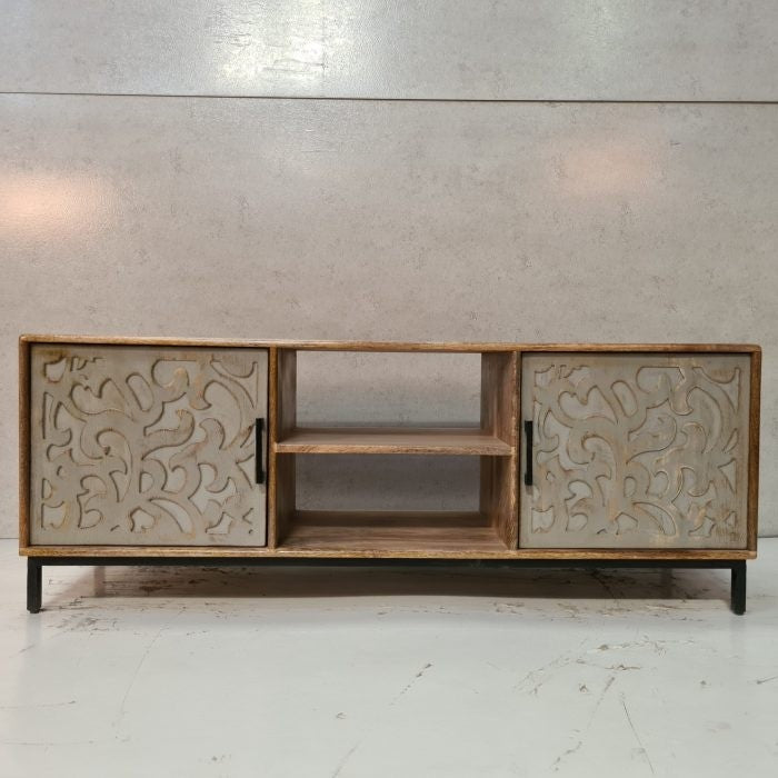 Reclaimed Handcrafted Indian Furniture Carved Solid Hard Wood Tv Unit 2 Door Brown 138x41x52Cm