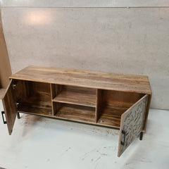 Reclaimed Handcrafted Indian Furniture Carved Solid Hard Wood Tv Unit 2 Door Brown 138x41x52Cm