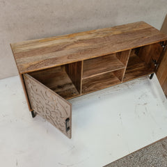 Reclaimed Handcrafted Indian Furniture Carved Solid Hard Wood Tv Unit 2 Door Brown 138x41x52Cm