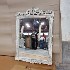 Handcrafted Carved Solid Wood Indian Furniture Mirror Frame Rustic White 100x2x145cm