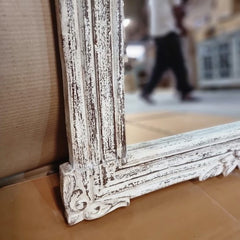 Handcrafted Carved Solid Wood Indian Furniture Mirror Frame Rustic White 100x2x145cm