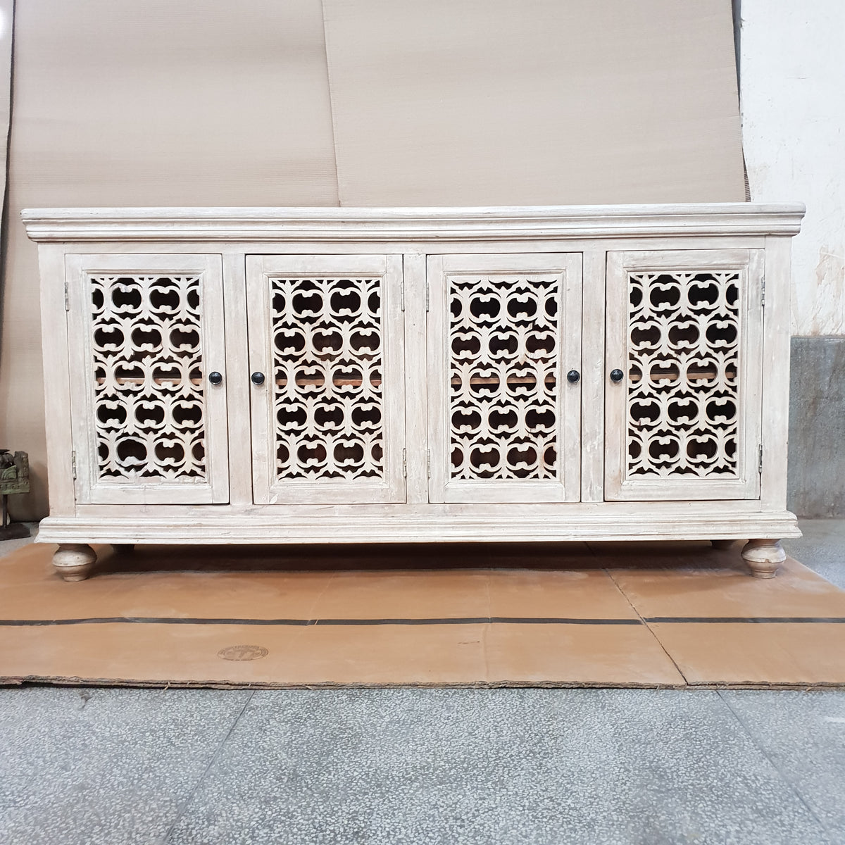 Indian Furniture Handmade Solid Wood Sideboard White Rustic Carved Jali Doors 184x46x96cm