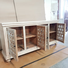 Indian Furniture Handmade Solid Wood Sideboard White Rustic Carved Jali Doors 184x46x96cm