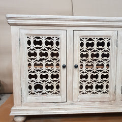 Indian Furniture Handmade Solid Wood Sideboard White Rustic Carved Jali Doors 184x46x96cm