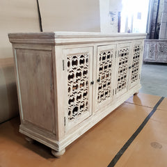 Indian Furniture Handmade Solid Wood Sideboard White Rustic Carved Jali Doors 184x46x96cm