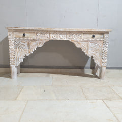 Hand Carved Solid Wood 2 Drawer Console Hall Table Whitewash 45