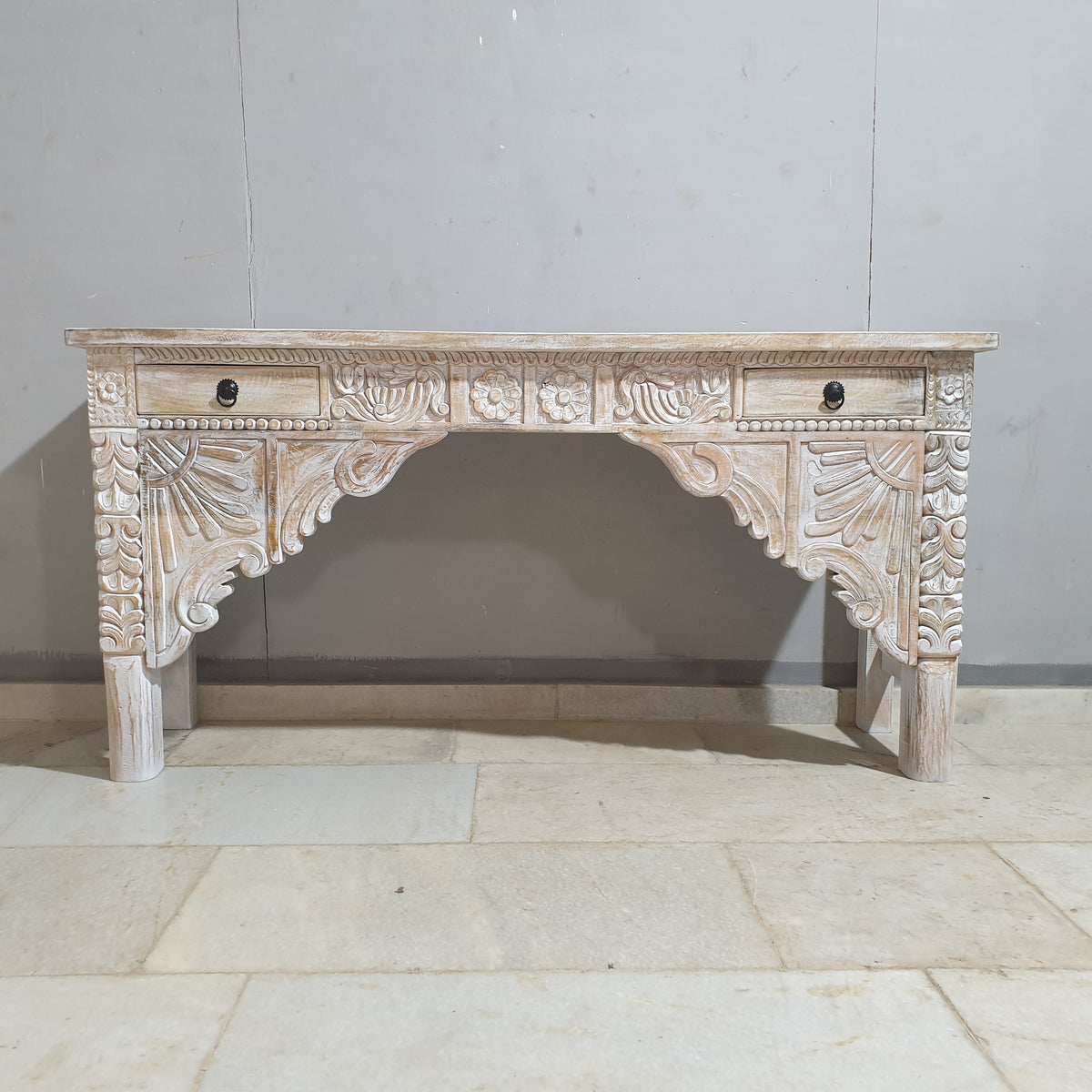 Hand Carved Solid Wood 2 Drawer Console Hall Table Whitewash 45