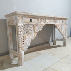 Hand Carved Solid Wood 2 Drawer Console Hall Table Whitewash 45