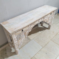 Hand Carved Solid Wood 2 Drawer Console Hall Table Whitewash 45