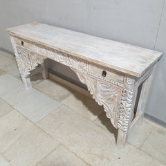 Hand Carved Solid Wood 2 Drawer Console Hall Table Whitewash 45