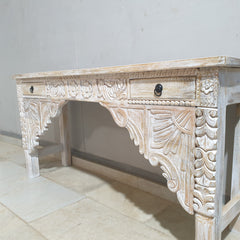 Hand Carved Solid Wood 2 Drawer Console Hall Table Whitewash 45