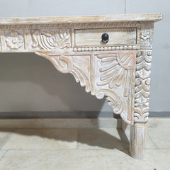 Hand Carved Solid Wood 2 Drawer Console Hall Table Whitewash 45