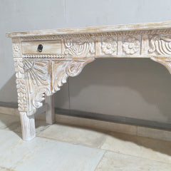 Hand Carved Solid Wood 2 Drawer Console Hall Table Whitewash 45