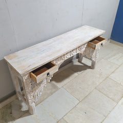 Hand Carved Solid Wood 2 Drawer Console Hall Table Whitewash 45
