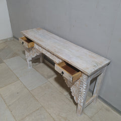 Hand Carved Solid Wood 2 Drawer Console Hall Table Whitewash 45
