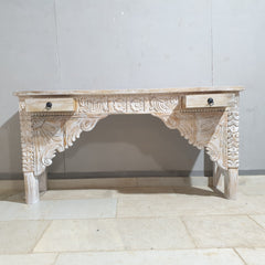 Hand Carved Solid Wood 2 Drawer Console Hall Table Whitewash 45
