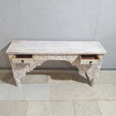 Hand Carved Solid Wood 2 Drawer Console Hall Table Whitewash 45