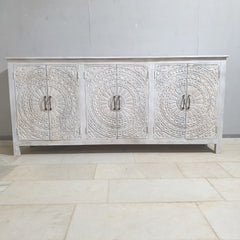 Indian Hand Carved Solid Wood Sideboard Whitewash C35