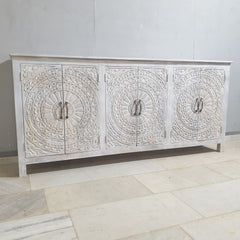 Indian Hand Carved Solid Wood Sideboard Whitewash C35