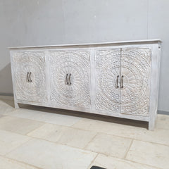 Indian Hand Carved Solid Wood Sideboard Whitewash C35