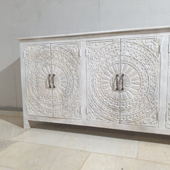 Indian Hand Carved Solid Wood Sideboard Whitewash C35