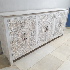 Indian Hand Carved Solid Wood Sideboard Whitewash C35