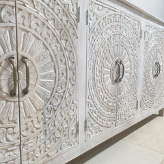 Indian Hand Carved Solid Wood Sideboard Whitewash C35
