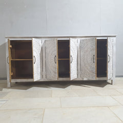 Indian Hand Carved Solid Wood Sideboard Whitewash C35