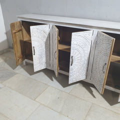 Indian Hand Carved Solid Wood Sideboard Whitewash C35